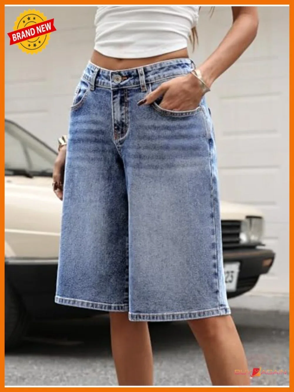 Low Rise Baggy Denim Bermuda Shorts Stretchy Knee Length Streetwear